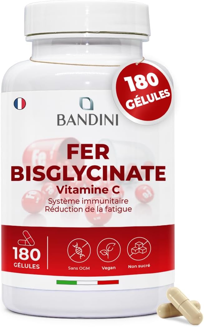 Bandini® Iron Bisglycinate 80mg 180 Capsules (6 Months) + Vitamin C and Acerola – Nutritional Supplement Absorption & Maximum Bioavailability – For Fatigue & Immune System – Vegan Capsules