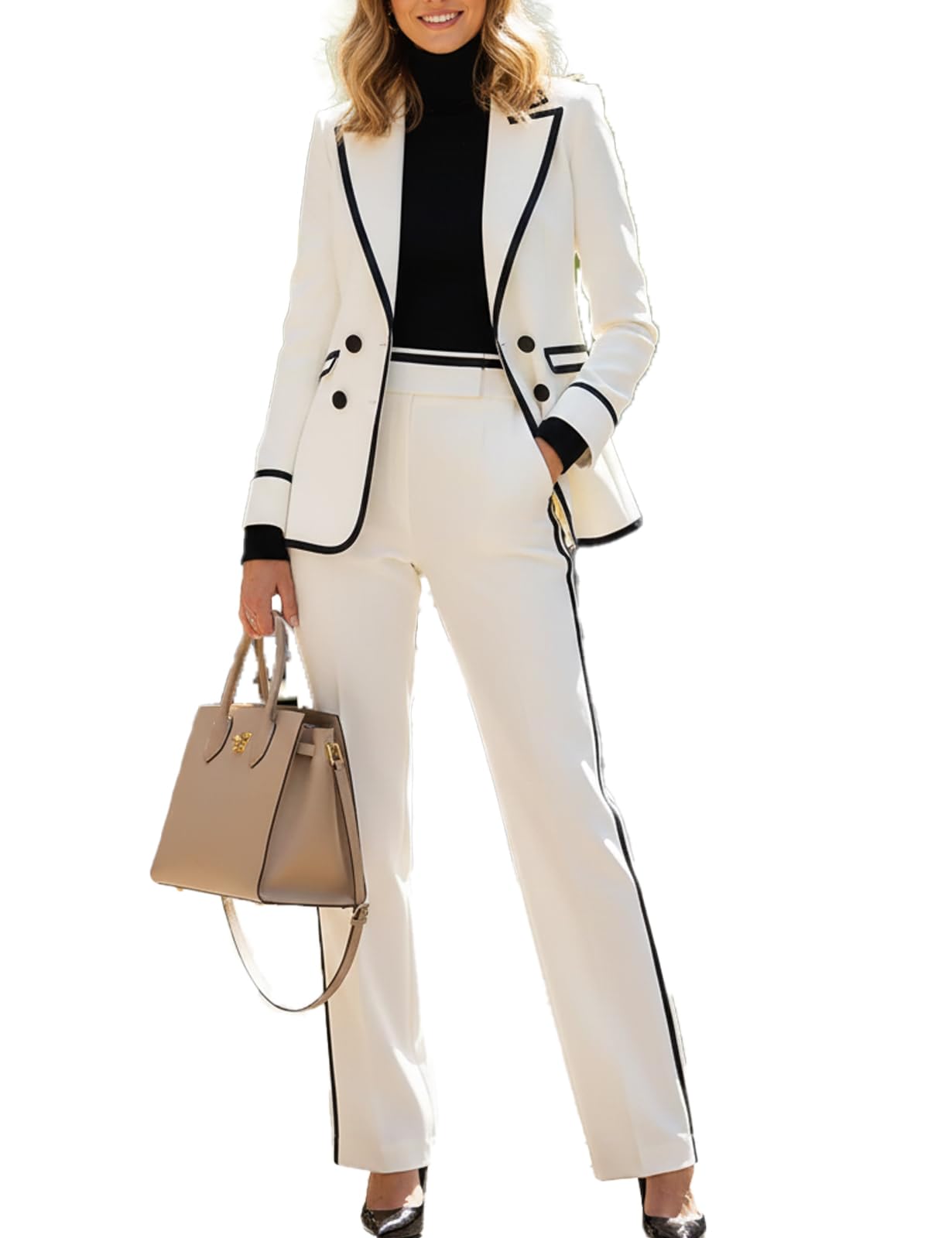 Womens White Contrast-Trim Double-Breasted Blazer Suit Set Wide-Leg High-Waisted Pants 2-Piece Outfit WorkFormalEvents