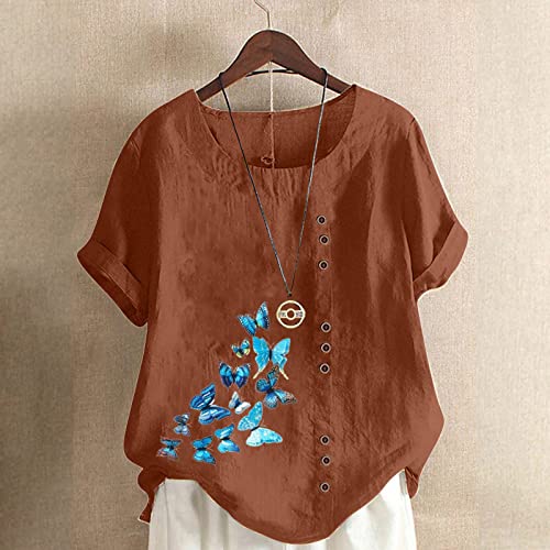 Short Sleeve Tshirts for Women Fall Summer Boat Neck Linen Daisy Flower Loose Fit Long Tops Shirt Women 20242