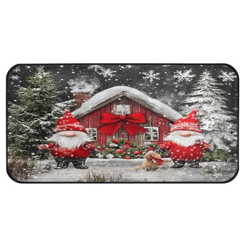 STAYTOP Christmas Kitchen Rugs, Winter Traditional Gnome Santa Claus Lantern Wood Pattern Area Rug Non Slip Floor Mat Doormat Anti Fatigue Comfort Standing Mat for Hallway Bedroom