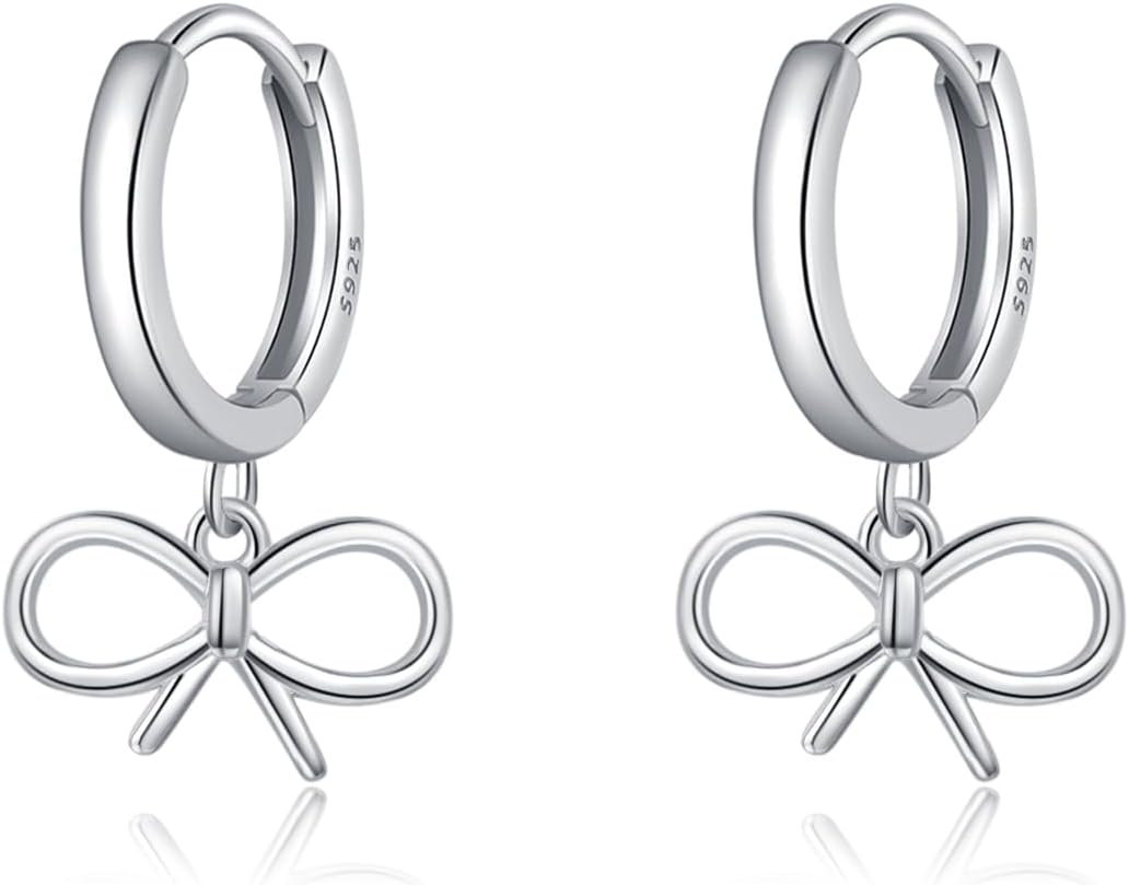 SLUYNZ Sterling Silver Bow Huggie Hoop Earrings for Women Teens Bowknot Small Hoop Earrings Huggie Drop