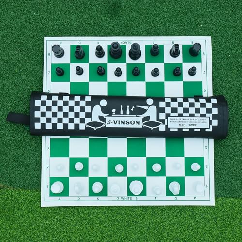 Image of Vinson 17x17 Fide Tournament Chess Set with Vinyl Foldable Roll-up Matt, 32 Big Solid Plastic Heavy Weight Pieces & 2 Extra Queens with Storage Bag.
