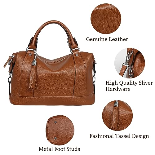 Image of HESHE Genuine Leather Purse for Women Satchel Tote Bags Shoulder HandBags | Soft Top Grain Leather,Tassel,Large Capcity,Adjustable Long Strap,Roomy,Top Handle,Crossbody,Trendy,Travel,Work,Daily Use