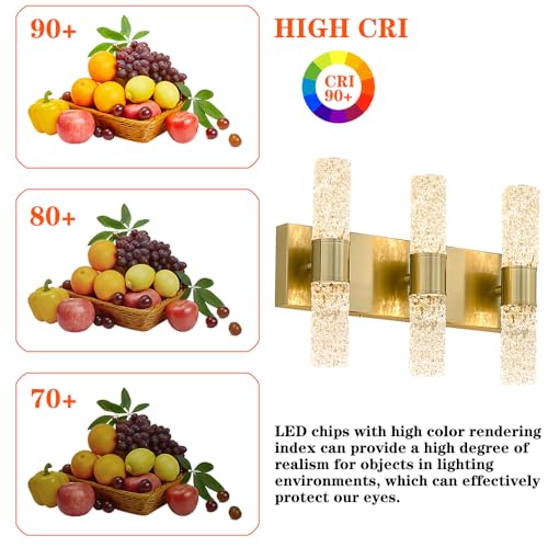 Image of Gold Bathroom Light Fixture, Modern Brushed Vanity Light with, Crystal 6 Light Bathroom Vanity Light Fixtures Over Mirror, 27w LED Hardwired Wall Sconce, Warm White