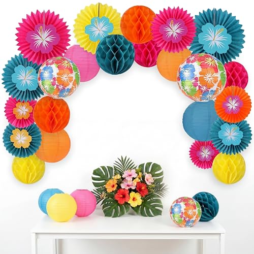 Image of Retisee 18 Pcs Summer Hawaiian Party Decorations Tropical Hibiscus Party Decorations Kit Colorful Hibiscus Flower Paper Lanterns Flower Hanging Paper Fans Luau Honeycomb Ball for Decor Supplies