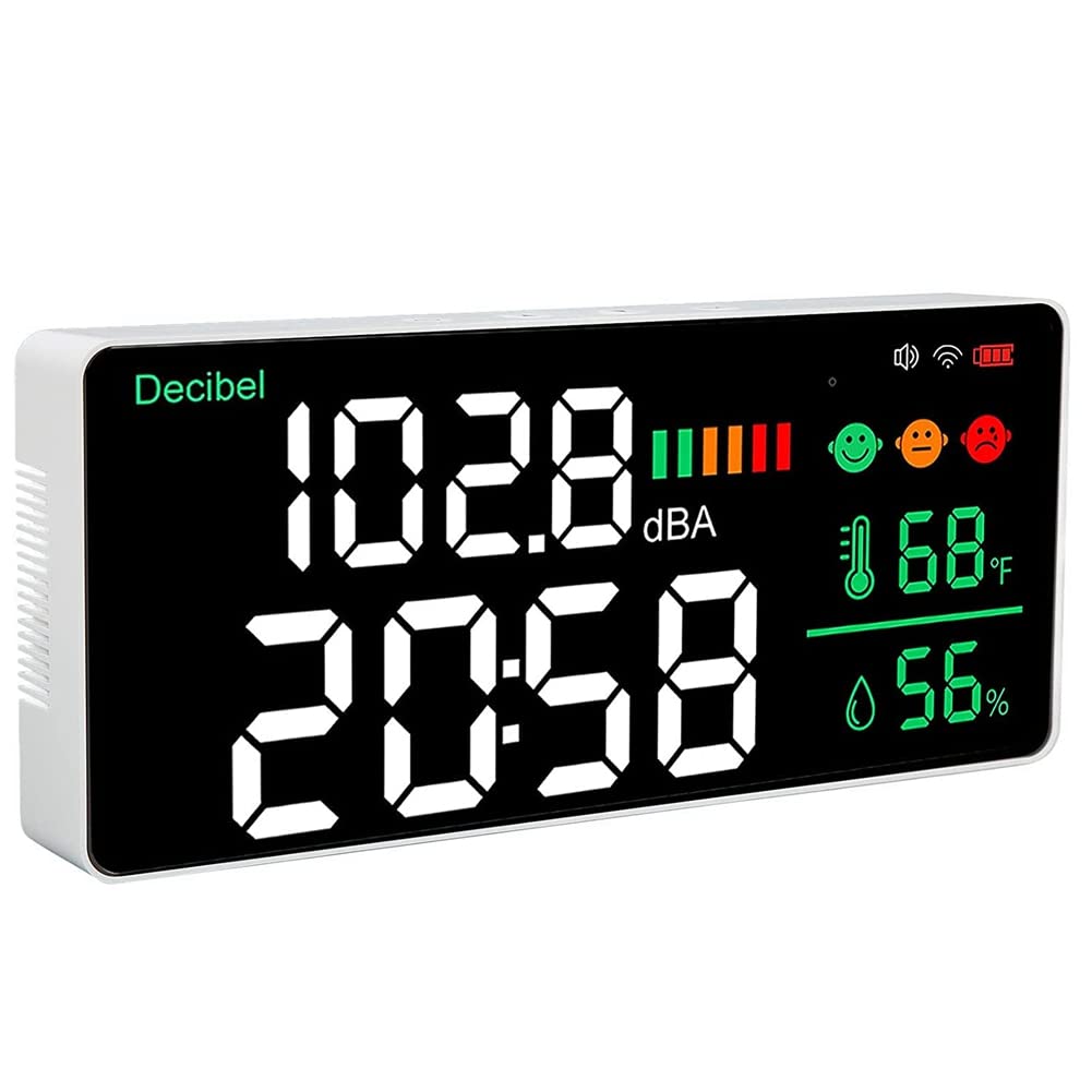 Lizusidtsy 4-In-1 Decibel Meter LED Decibel Meter WiFi Wall Mounted Sound Level Meter Digital Clock Temperature Humidity Meter, 30-130DBA DB Meter, White