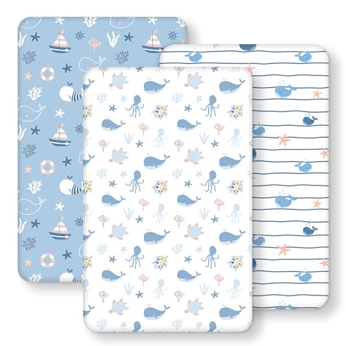 Image of FIEMOL Baby Bedside Bassinet Sheets Fitted, 33”x20” Compatible with Baby Delight Dream On Me & Most Rectangle Bedside Sleeper Bassinet Mattresses, Super Soft Microfiber Blue Ocean Whale