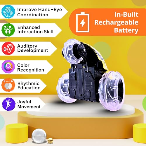 Image of Gooyo GY-0242 Rechargeable Stunt Car Toy for Kids with Tornado Rotation, Reverse Drive Function, Demo Mode, Lighting Effect & Music | Remote & USB Included | Power Source: in-Built Battery | Yellow
