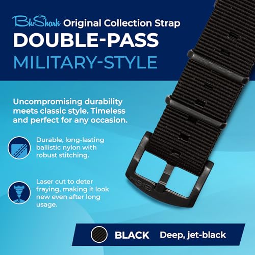 Image of BluShark - Original Collection Military-Style Waterproof Watch Strap, Fits All Timepiece Brands, Durable Nylon Wristwatch Accessories with Stainless Steel Buckle - 18mm, 20mm, 22mm & 24mm Watch Bands