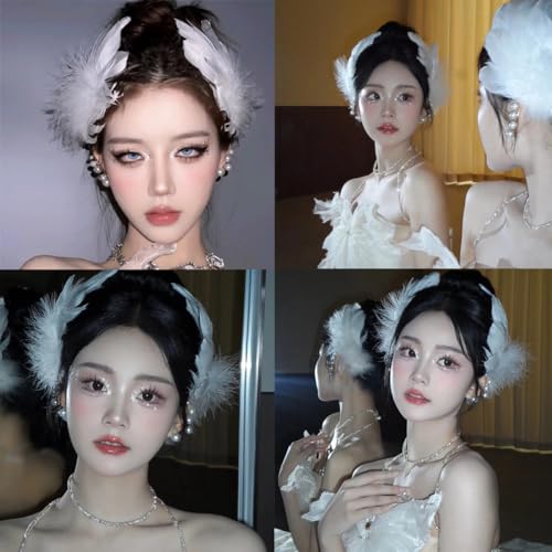 4 Piezas Broches para el Cabello con Plumas Blancas, Perlas Artificiales, Estilo Ballet para Mujeres y Niñas miniatura 5