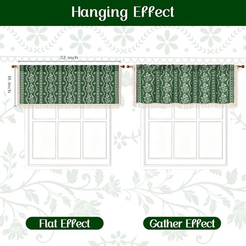Image of Yinhua Boho Valance Curtains Vintage Linen Kitchen Valances for Windows Light Filtering Bohemian Floral Valance Rod Pocket Tassel Window Valances for Bathroom Cafe, 52 inch W X 18 inch L, Olive Green