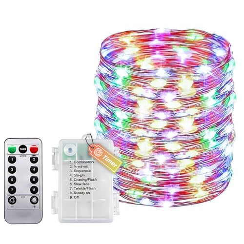 Cadena de luces de alambre con temporizador y mando a distancia, pequeña cadena de luces interior con batería, 20 m, 200 ledes, IP65, resistente al agua, sin pilas, para dormitorio, boda, Navidad