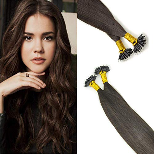 KOCONI Nano Rings Remy Fusion Hair Extensions Darkest Brown 1G/Strand No Heat No Glue Nano Beads Human Hair Extensions Silkly Straight 50G Per Package (16", 2)