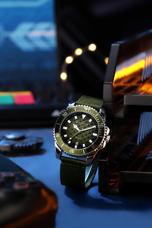 Image of Giordano Analog Quartz Watch for Men with Black Textured Fish Scale Dial, Luminous Hands & Markers, Date Window, Nylon NATO Strap, Rotating Bezel