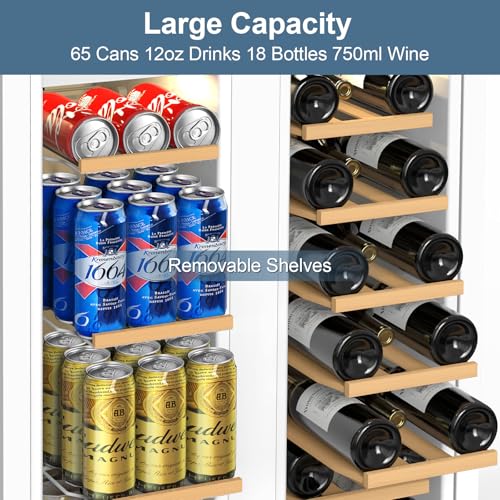 Image of Wine and Beverage Refrigerator, 24 Inch Beverage Cooler Dual Zone with Glass Door, Under Counter Beverage Fridge with Upgraded 65 Cans 18 Bottles Large Capacity, White