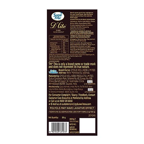 Image of Sugar Free D'lite Rich Cocoa Dark Chocolate Bar, 80 Grams (Pack Of 3)