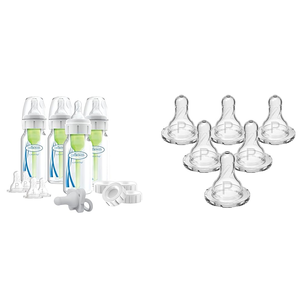 Dr. Brown's Anti-Colic Breast to Bottle Feeding Set with Slow Flow Nipples & Natural Flow Preemie Flow Narrow Baby Bottle Silicone Nipple