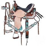 Daarkgreen Leather Western Barrel Racing Horse Saddle and Tack Set Headstall Breast Collar and Reins Size 12-18 Inches