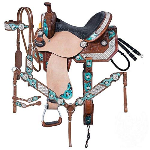 Daarkgreen Leather Western Barrel Racing Horse Saddle and Tack Set Headstall Breast Collar and Reins Size 12-18 Inches