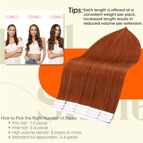 Image of Full Shine Tape Extensions Human Hair Remy Tape in Extensions Color 550 Orange Red Adhesive Seamless Skin Weft Long Extension Add Length 18Inch 50Gram Natural Brazilian for Women 20Pcs