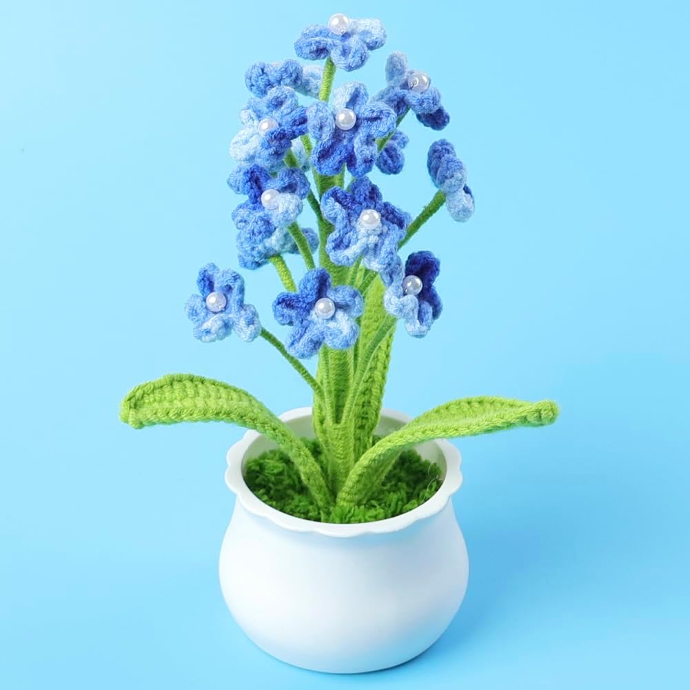 Handmade Crochet Flowers Finished Knitted Forget Me Not Artificial 8.66 Inch Forget Me Not Small Potted Flowers for Car Dashboard Home Office Table Decor,Gradient Blue - Image 3