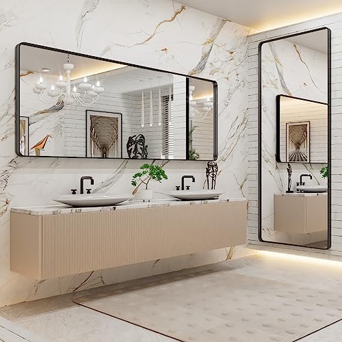 LOAAO 84x32 Inch Black Metal Framed Bathroom Mirror for Wall, Matte Black Bathroom Vanity Mirror Farmhouse, Large Rounded Rectangle Mirror, Anti-Rust, Tempered Glass, Hangs Horizontally or Vertically
