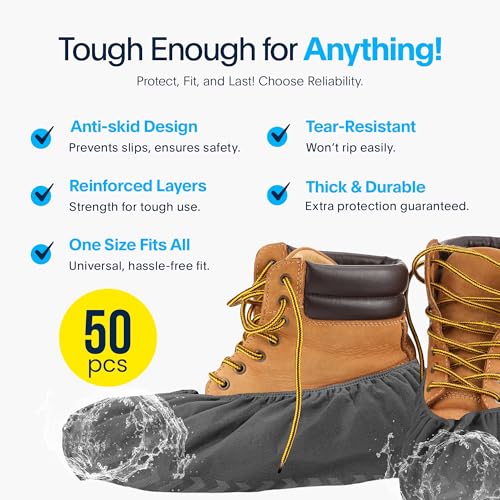 Image of Premium Boot & Shoe Covers Disposable Booties - 50 Pack - Durable, Non-Slip, Non-Toxic, Water Resistant, Recyclable Protectors for Indoor & Outdoor - Large Size Fits Most Shoes