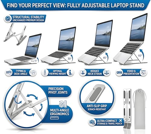 Image of 6 Angles Adjustable Aluminum Laptop Stand, Ergonomic Foldable Portable Tabletop Riser Holder for MacBook, HP, Dell, Lenovo & All Notebooks (Grey)