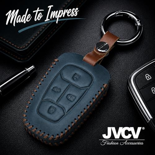 Image of JVCV Car Styling Soft Handmade Leather Key Cover Compatible with Tata Nexon Harrier Tiago EV Altroz Tigor Safari Nexon EV Punch Punch EV 4 Button Smart Key (Blue)