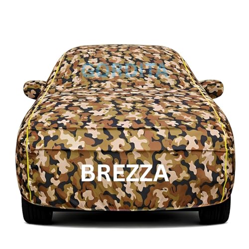 Image of Waterproof Car Body Cover for Brezza All Weather Protection Comes with Inner Cotton Lining & Triple Stitched with Mirror & Antenna Pocket Belt & Elastic Fit Army with Yellow Piping2