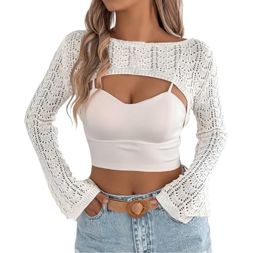 Women's Lightweight Crochet Long Sleeve Cardigan V Neck Hollow Out Knit Sweater Casual Lace Cover Up Top (Beige, S)