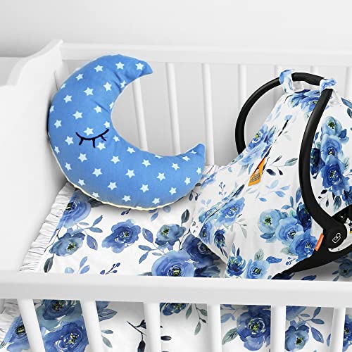 Image of Dear Baby Gear Floral Baby Car Seat Canopy with Snap Button Opening - Newborn & Toddler Carseat Cover - Nursing Covers - Infant Chair Essentials (Watercolor Roses /Blue Watercolor Plaid, 40 inch x 30 inch)