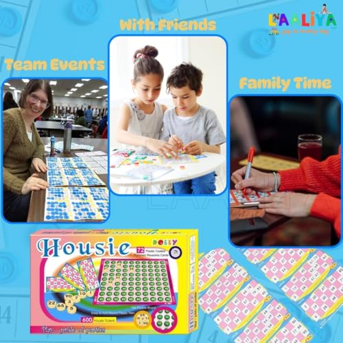 Image of Tambola Housie Game Set - 600 Tickets, 72 Reusable Plastic-Coated Cards, Number Tiles & Fixable Board - Fun Party & Family Game for Kids & Adults