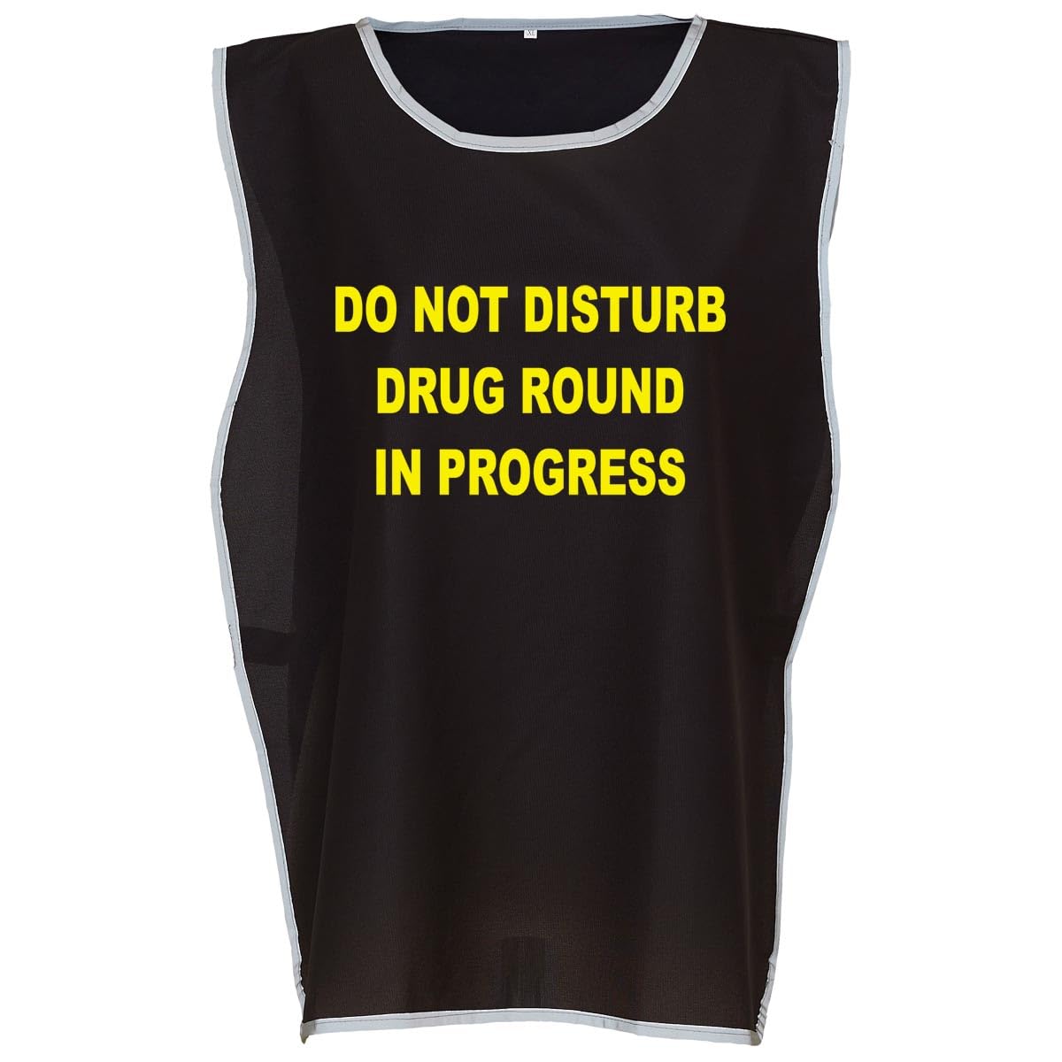Workwear World 'Drug Round In Progress' Front/Back Printed Text Hi Vis Reflective Trimmed Border Medical Care Home Tabard (UK, Alpha, XXL, 3XL, Regular, Regular, Black/Yellow Print)