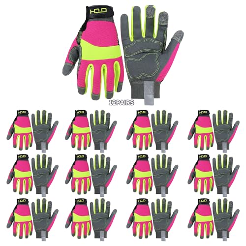 HANDLANDY Hi-vis Reflective Work Gloves, Anti Vibration Safety Gloves, Touch Screen, Orange Flexible Spandex Back Hi-vis Yellow Pink Small