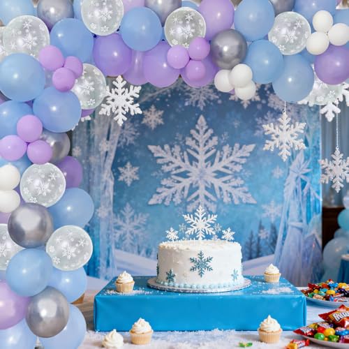 100PCS Frozen Balloon Arch Kit Blue Purple White Silver Balloons with Snowflake for Birthday Party Decorations Winter Wonderland Theme Baby Shower Wedding Ice Snow Party Supplies