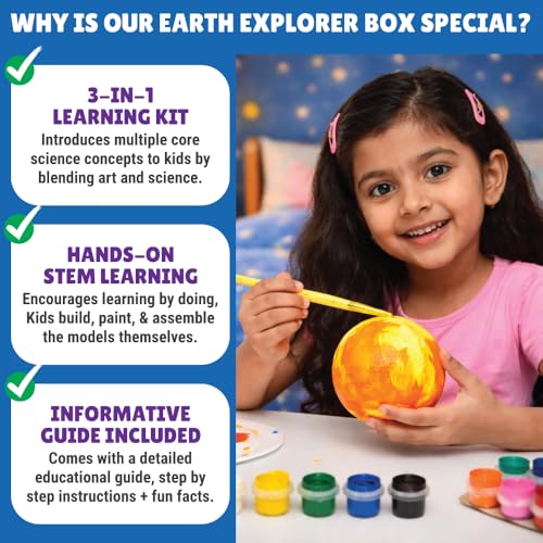 Image of Kalakaram DIY Earth-Sun-Moon Model Kit | 3D Informative 3-in-1 Space Toy for Kids | DIY STEM Educational & Science Toy | Paint & Learning Craft Activity Set | Birthday Gift for Boys & Girls Ages 7+