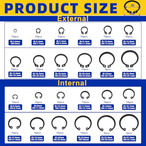 Erzekrim 261 Stück C-clip Sicherungsring Set 24 Verschiedene Größen 4M-30M E-Clip Sicherungsring Sortiment mit 4-in-1-Sprengringzangen-Set für Befestigen, Lagern, Zahnrädern, Riemenscheiben (B)