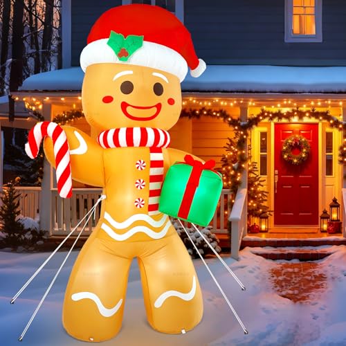Partyotu Christmas Inflatable Gingerbread Man, Blow Up Holiday Party Decor with Build-in LED Lights,...