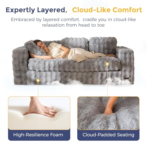 Image of MAXYOYO Loveseat Sofa Couch, Upholstered Bean Bag Chair Cloud Seat for Adults, Boneless Couch with Cushion & Pillows, Sofa in A Box, No Assembly Required, Bubble Grey, 3-Seat