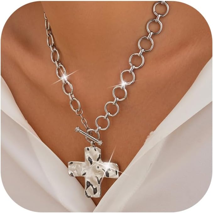 Chunky Cross Necklace for Women,Large Cross Pendant Necklace Statement Thick Chain Necklace Vintage Toggle Clasp Necklace Trendy Jewelry