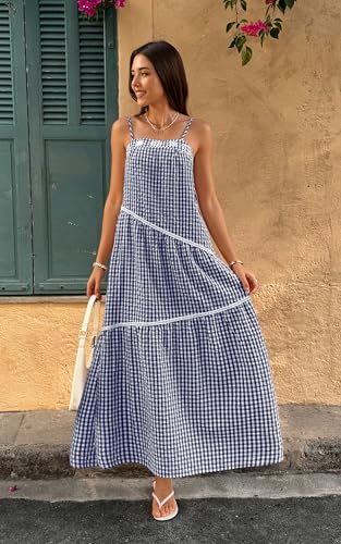 Image of ECOWISH Women Sleeveless Maxi Dress: Summer Spaghetti Strap Casual Loose Boho Beach Dress Asymmetric Tiered Flowy Long Dress