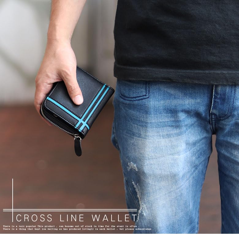 Daylight DL-1042 Bi-fold Wallet for Kids, Junior High & High School Students, PU Leather, Compact Round Zipper, W-Line Design, Durable & Lightweight Men's Wallet (Navy/White)2