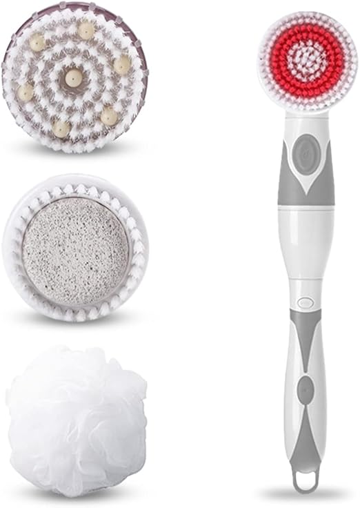 Electric Body Brush, Long Handled Body Scrubber with 4 Brush Heads, Waterproof Soft