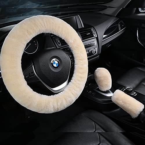 3Pcs/Set Pure Wool Fur Furry Steering Wheel Cover, Soft Fluffy