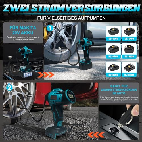Akku Kompressor für Makita 18V Akku, 11bar Autoreifen Luftpumpe,160 PSI Tragbare mit Abschalautomatik und Manometer Luftkompressor mit 12V Autostromkabel für Auto, Motorrad, Fahrrad