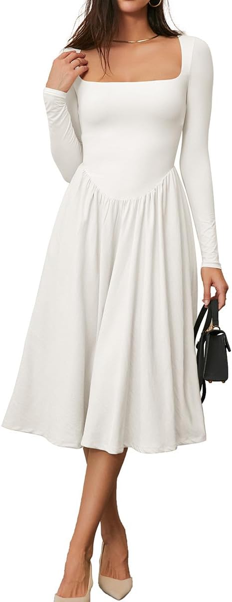 CHYRII Women Spring Fashion 2025 Square Neck Long Sleeve Casual A-Line Midi Dress - Image 4