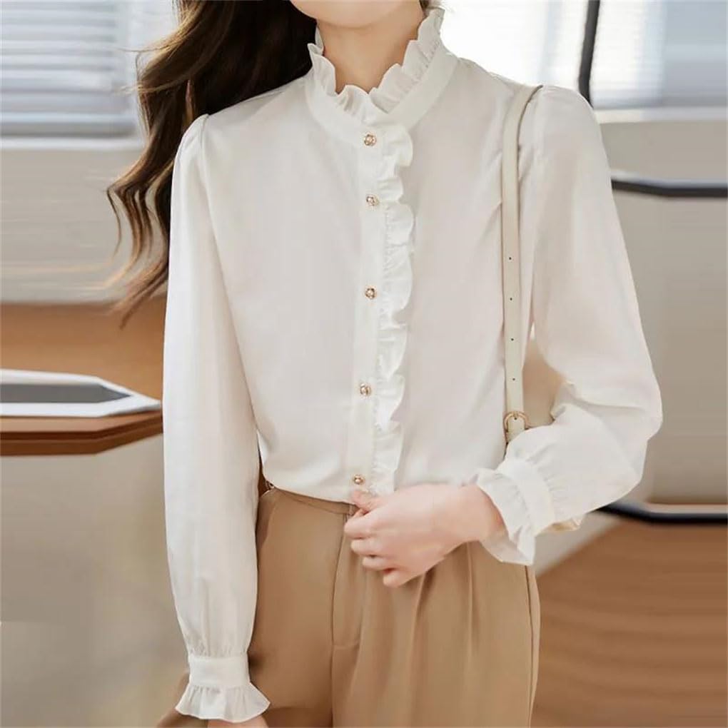 Blusa de gasa de manga larga con volantes para mujer, color liso, informal, con botones, para oficina o trabajo