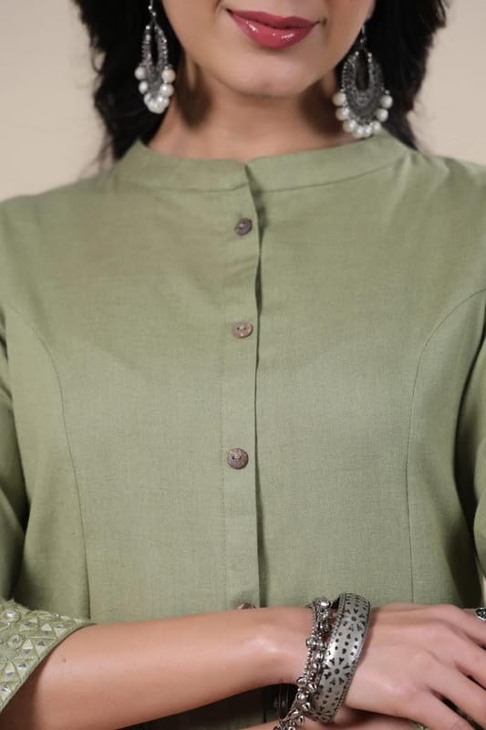 Image of Solid A-Line Mirror Work Cotton Kurta Pant Set for Women
