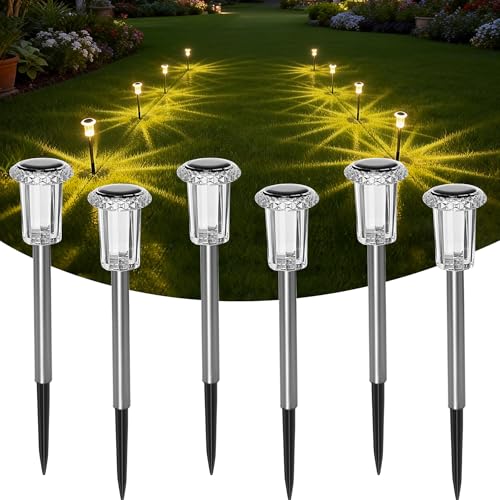 Luci Solari da Giardino a LED–Lampade Solari da Esterno (Set da 6)–Illuminazione Solare da Giardino Bianco Caldo–Decorazione Solare da Giardino Impermeabile IP44 per Prati, Ambienti Esterni e Giardini